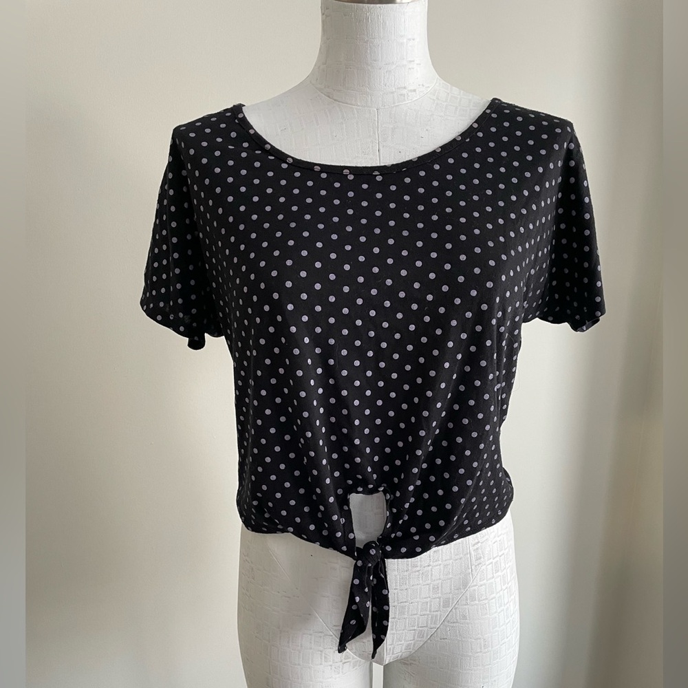 (M) Charlotte Russe Black and White Polka Dot Tie Front Crop Top